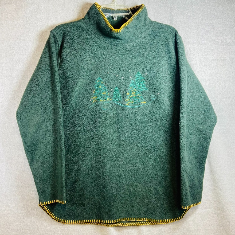 Coldwater Creek Pullover Green Fleece Holiday Size Small  Tree Embroidery Sequin